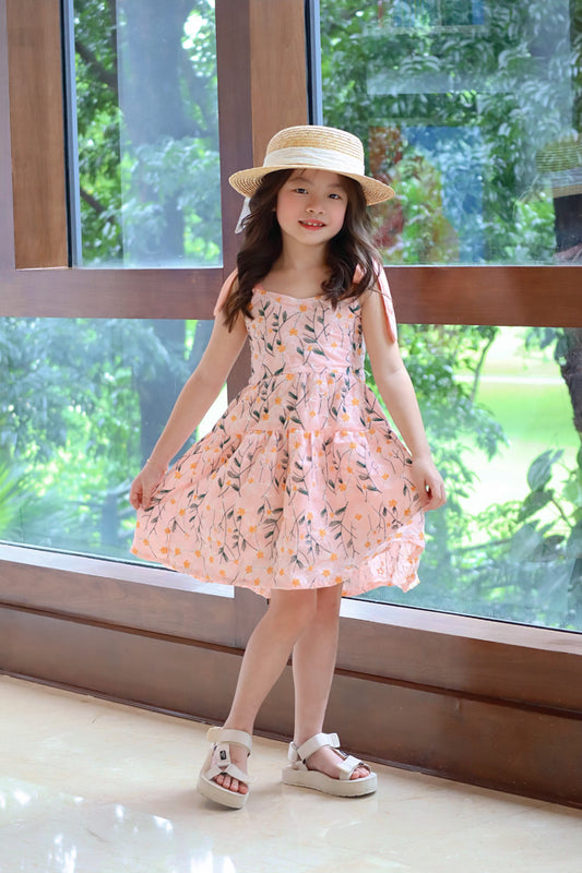 Freya Dress in Peach Embroidered Fabric