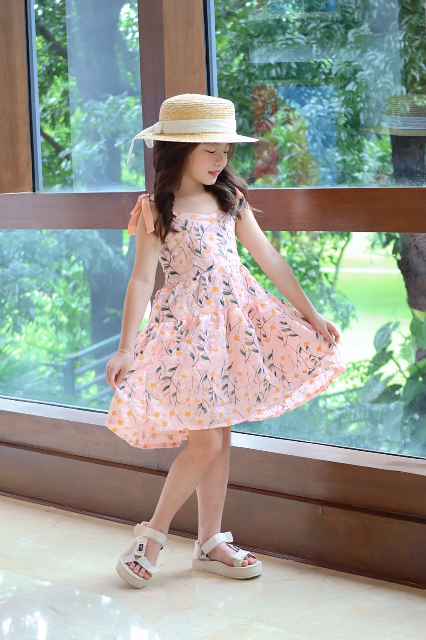 Freya Dress in Peach Embroidered Fabric